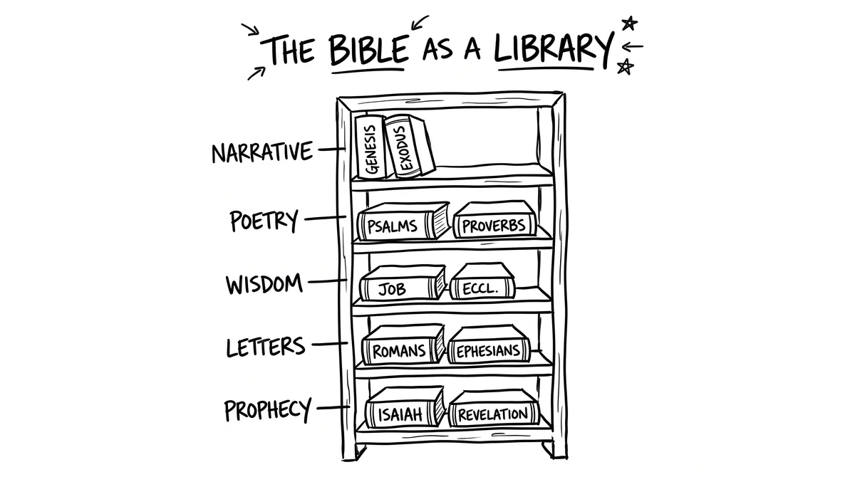 Hand-drawn bookshelf sorting the books of the Bible by genre: narrative, poetry, wisdom, letters, prophecy