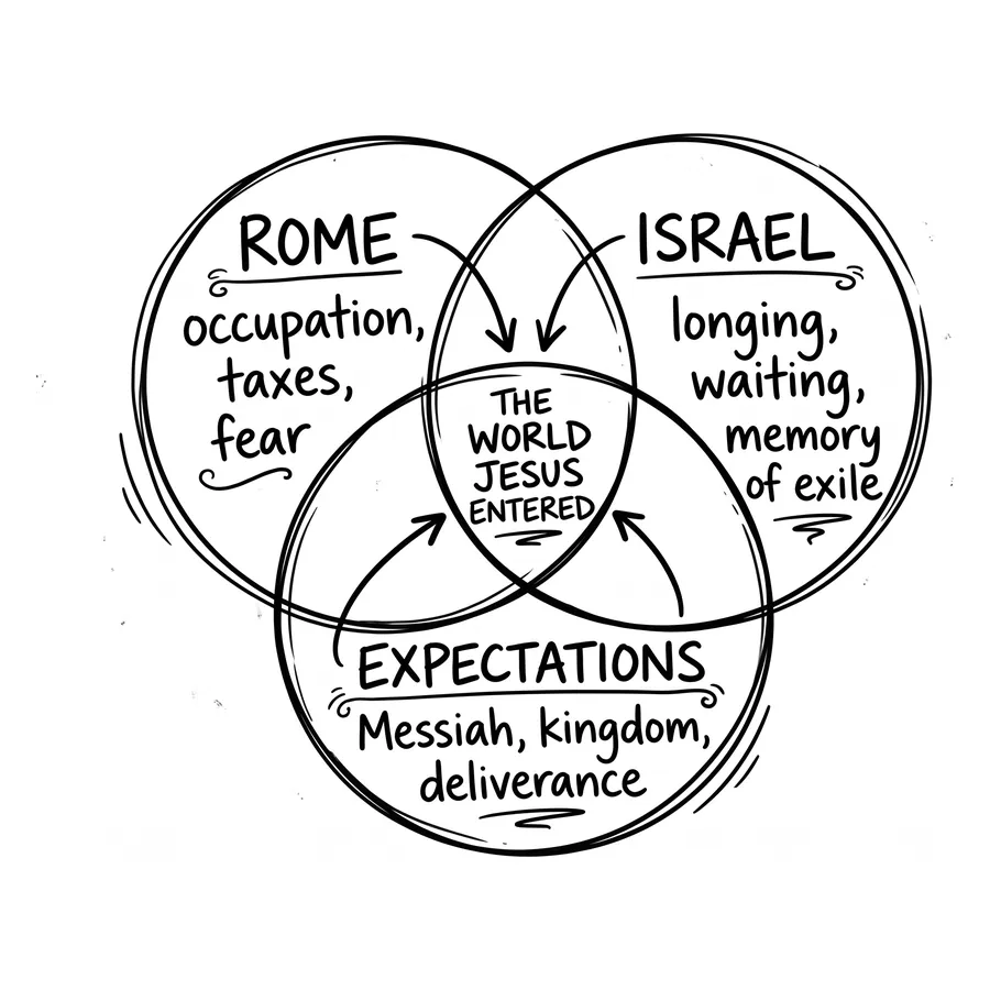 Hand-drawn diagram of Rome, Israel and expectations overlapping in the world Jesus entered
